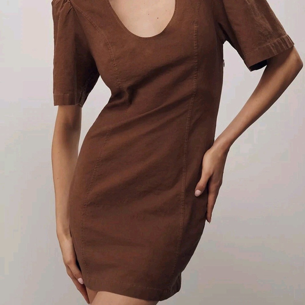 Maeve Anthropologie Brown‎ Linen Puff Sleeve Cutout Back Mini Dress, Size Large - Picture 2 of 14